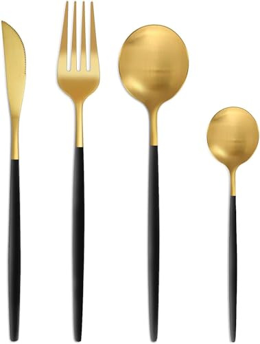 Bestdin Set de couverts 6 personnes, 24 pièces Couverts Noirs Dorés Mats, composé de couteaux, fourchettes et cuillères, en acier inoxydable de haute qualité, lavable au lave-vaisselle