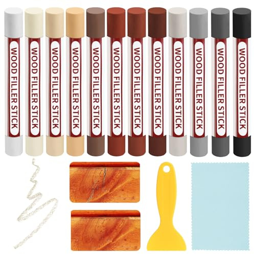 Forbabe Laminat Reparaturset mit 12 Farben Beheizbar Holz Reparaturstift | Holzwachs Reparatur Wachsstäbchen mit Schaber & Reinigungstuch zum Auffüllen und Reparieren von Kratzern & Löchern auf Möbeln