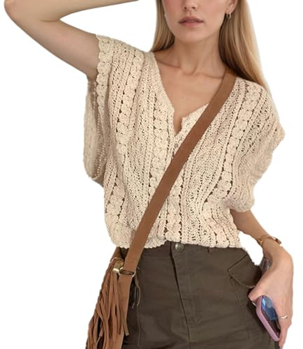 EMOTTOS Ärmellose Strickweste für Damen mit V-Ausschnitt, Bohemia-T-Shirt mit Ausschnitt, Sommer-Überwurf für Abendkleider und Cocktailkleider, Beige, Einheitsgröße
