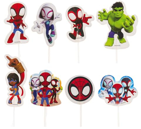dekora - Cupcake Toppers Spidey – 16 pezzi (8 modelli) – Decorazioni cupcakes e torta, Marvel ufficiale, cartoncino plastificato con stecchini alimentari
