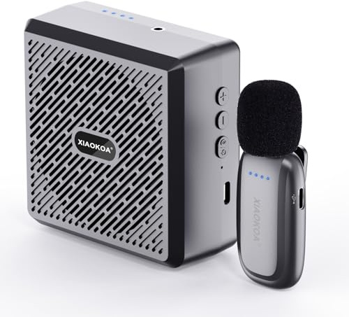 XIAOKOA Micrófono Lavalier inalámbrico de 2.4 G con amplificador de voz | Altavoz Bluetooth con micrófono de solapa, mini micrófonos portátiles de carga, sistema de micrófonos de clip de 2.4 G para