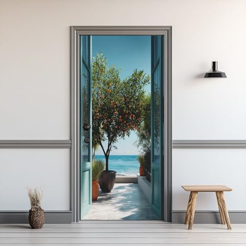 Türaufkleber Italien, Türtapete Küstenstadt Orangenbaum Meer Landschaft, 95 x 200cm Selbstklebend Türposter, Wasserdicht Abnehmbare PVC Türfolie Für Innentür Schlafzimmer Kinderzimmer