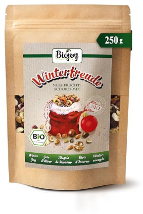 Biojoy Mélange BIO Winterfreude de noix et fruits, 250 g | Mix noix-fruits-chocolat avec raisins, noix de cajou, amandes et baies lyophilisées en trois chocolats