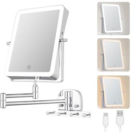 ANNWA Wiederaufladbar Kosmetikspiegel mit LED Beleuchtetung,1X/7X Spiegel Vergrößerung Wandmontage,Dimmbarer Rasierspiegel 3 Farben, Touchscreen, 360° Drehbar für Badezimmer und Hotel(NHZJ2313)