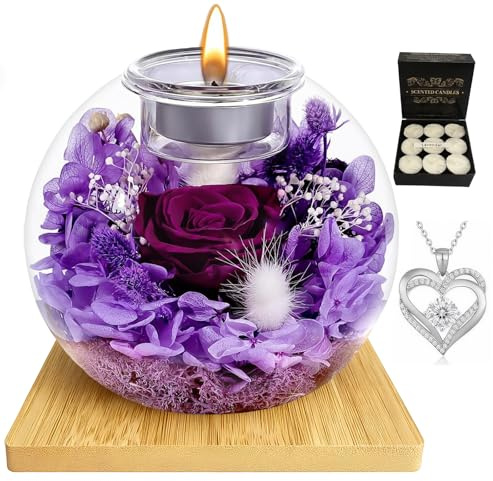 Eternal Rose Birthday Gifts for Women,Preserved Real Roses in Glass Dome with Scented Candle Heart Necklace,Long-Lasting Eternal Flower,Christmas Forever Rose Gift for Wife Sister Girlfriend (Purple)