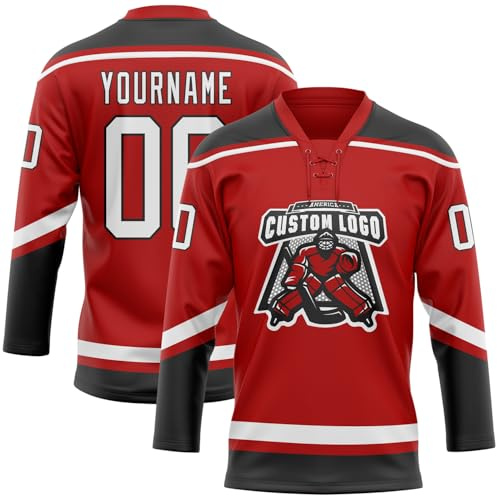 Custom Red Black White Ice Hockey Jersey for Men Women Youth Boys Girls, Personalized Lace-Up Neck Long Sleeve Hockey Team Uniform, Design Your Own Name Number Logo Sports Practice Game Shirt, S-5XL