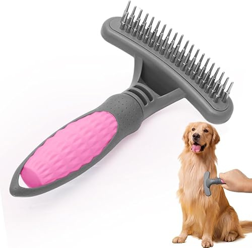 Peine Rastrillo para Perro y Gato, Cepillo Desenredador Antienredos para Pelo Largo y Medio Largo, Púas de Acero Inoxidable Pulidas y Redondeadas, Mango Ergonomico Antideslizante, Rosa