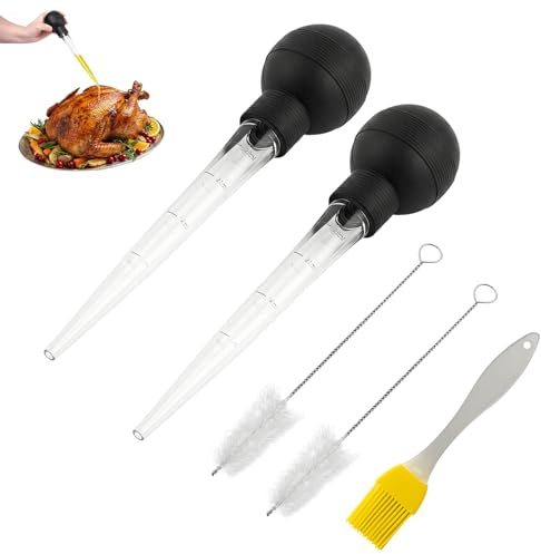 5 Pcs Turkey Baster Syringe Set, Easy-Clean Kitchen Tool | Includes Cleaning Brush, Silicone Brush, Large Meat Basting, Cooking Pipette for Turkey Chicken Marinade Oil Sauce