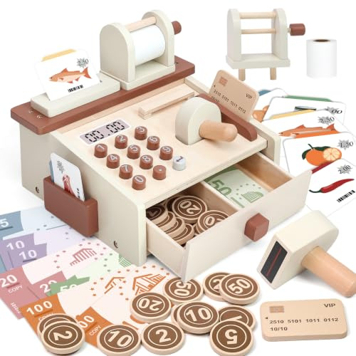Masonbaby Caisse Enregistreuse Enfants, Jeux de Rôle Supermarché avec Faux Billets, Jouets éducatifs Montessori en Bois, Accessoire Dinettes Cuisine, Cadeaux d'anniversaire,Noël pour Garçons Filles
