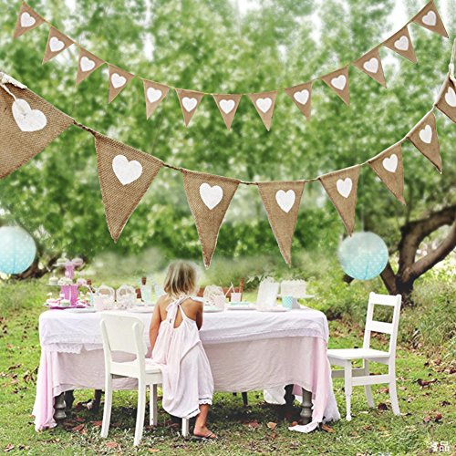 Vintage Fabric Hessian Bunting Rustic Burlap Banner Shabby Wedding Party Birthday Decor White Love Heart