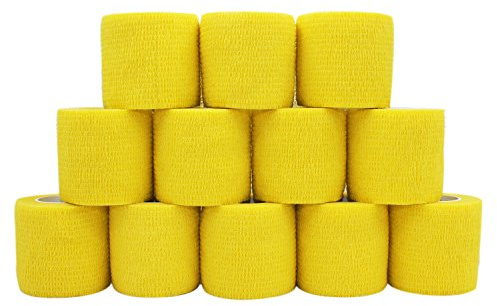 COMOmed 12 Stück Kohäsive Bandage Fixierbinde Selbsthaftend Elastisch 5 cm breit x 4,5 Meter dehnbar,Wundverband, Verband Hand, Elle, Knie, Fuß, Gelenkte, Fingerverband, Pflasterverband, Gelb