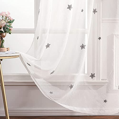 MIULEE Cortina Bordadas de Estrella Visillo Translucido de Dormitorio Infantil y Juvenil para Sala de Estar Cuarto de Niño Salon Casa Comedor Habitación Cortos y Largos 2 Hojas 140x245cm Gris