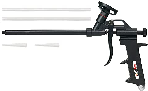 Isolbau Pistola de espuma con revestimiento de teflón (PTFE) – Pistola de montaje de poliuretano antiadherente profesional con ajuste con una sola mano – Incluye extensión de combustible flexible y