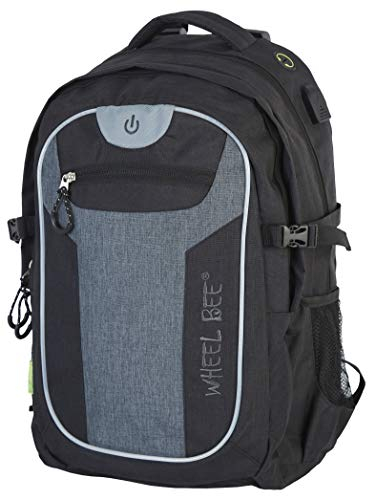 Wheel-Bee Rucksack Revolution, Design: Black-Grey, mit integriertem LED Licht (grün) und Reflektorstreifen für Sicherheit und Sichtbarkeit, 30 Liter Volumen, viele Fächer, 950050