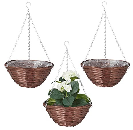 Relaxdays Blumenampel 3er Set, Durchmesser 30cm, bepflanzbare Innenfolie, Blumen und Pflanzen, Weide & Eisen, braun