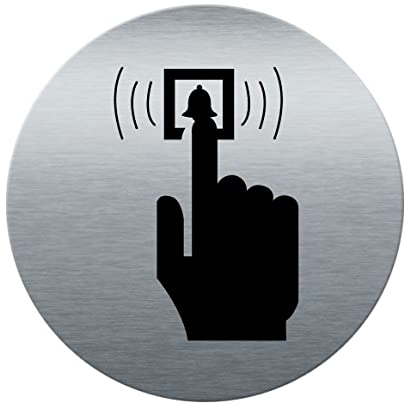 AUA SIGNALETIQUE - Plaque de porte Aluminium brossé imprimé AluSign Ø 85 mm - épaisseur. 3 mm - Double Face adhésif au dos (Sonnez)