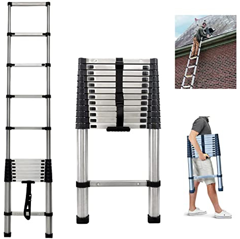 Telescoping Ladder Extension Ladder 12FT Collapsible Ladder Telescopic Extendable Ladder, Stainless Steel Attic Ladder Rv Ladder Roof Ladder, Multi-Purpose Ladder for Household Daily, 330 Lb Capacity