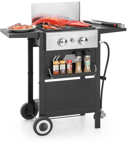 Captiva Designs 2-Burner Propane Gas BBQ Grill with Cast Iron Griddle Pan, 20,000 BTU Output Small Barbecue Grill for Outdoor, Patio, Backyard and Balcony