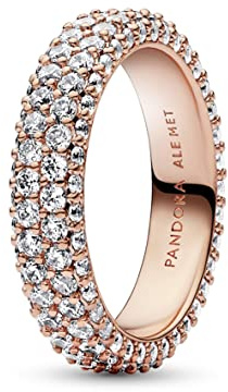 Pandora Timeless Anillo con diseño de fila doble y engaste pavé chapado en oro rosa de 14 quilates con circonitas cúbicas transparentes, talla 56