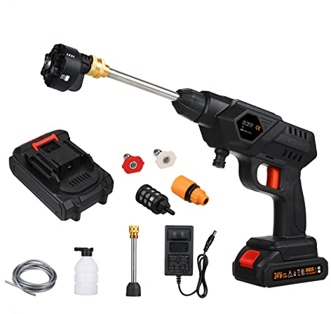 Cordless Pressure Washer, 60 Bar 6-in-1 Nozzle Portable With Battery and Charger - 24 Volt Rechargeable Electric for Car/Fence/Garden Cleaning