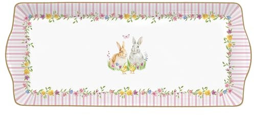 MamboCat Happy Easter - Piatto rettangolare con decorazione pasquale, piatto da portata per torte pentole, biscotti, pan di spagna per le vacanze, piatto da torta con conigli, pulcini, fiori e altro.