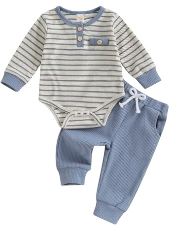 Vioyavo Infant Baby Boys 2Pcs Tracksuit Stripes Print Long Sleeve Romper Elastic Waist Long Pants Set Casual Clothes Set Spring Fall (Blue, 12-18 Months)