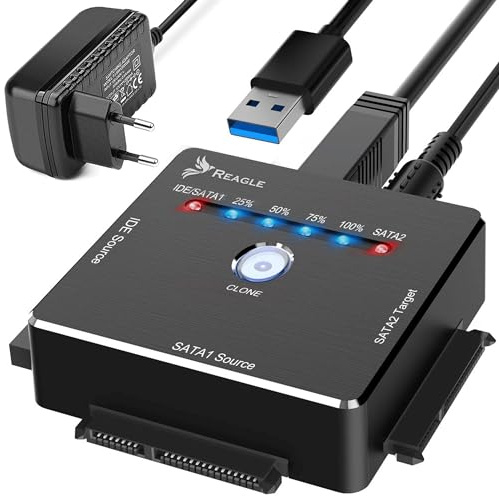 Reagle USB SATA IDE Adapter med Offline Kloning, HDD SSD Dockningsstation upp till 16TB, USB 3.2 Gen 1 5Gb/s, för 2,5 & 3,5 Tum SATA I/II/III IDE Hårddiskar, 12V 3A