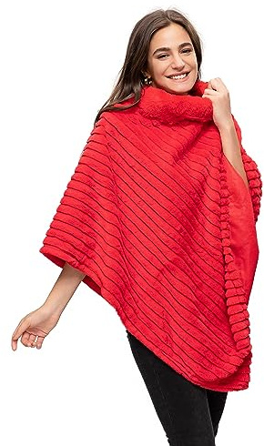 Glamexx24 Poncho da donna elegante mantello invernale con scollo rotondo, mantello spesso in calda pelliccia lavorata a maglia, Neon rosso, taglia unica