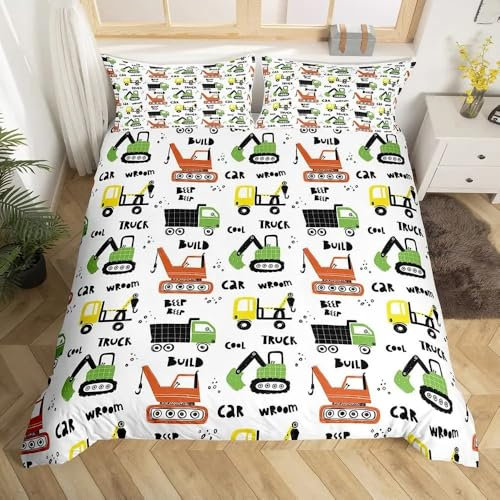 QBIDCSX Bettwäsche 135x200 Bagger Kinderbettwäsche Bettwäsche Set für Kinder Mädchen, Weiche und Angenehme Mikrofaser Bettbezüge 135x200 cm mit Reißverschluss + 2 Kissenbezug 80x80 cm