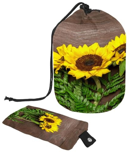 Trousse de toilette avec cordon de serrage, bouquet de tournesols, feuilles de fougère, texture bois, trousse de toilette en forme de tonneau, trousse de maquillage de voyage + petit sac, multicolore,