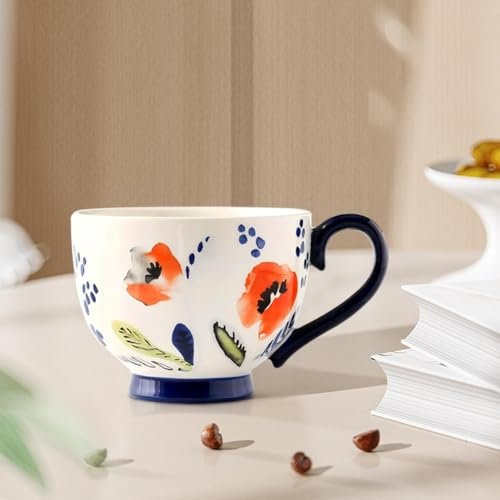 DiiWmme Coffee Mugs Ceramic Tea Mug,450 ml Coffee Cup Cute Novelty Ceramic Tea Cups Handmade Flower Breakfast Cup Mugs for Tea Hot Drinks Chocolate Coffee Milk (Kapok)