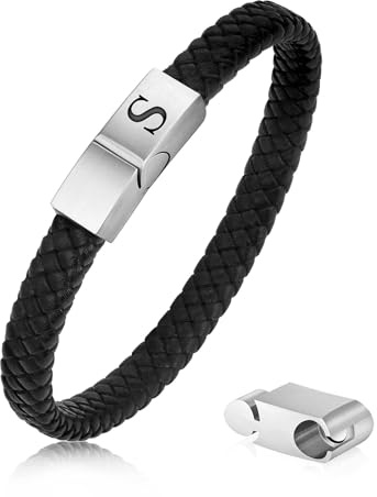 Pulsera de piel para hombre, longitud ajustable con letras de acero inoxidable, grabado A-Z, pulsera de piel trenzada, con cierre magnético