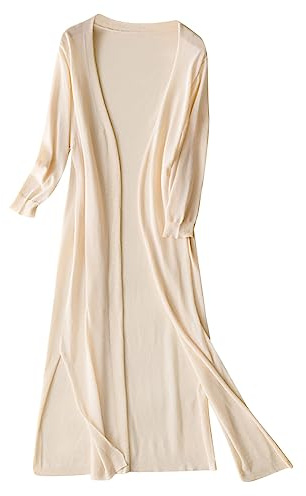 Cardigan lungo in lino da donna per la primavera - Mantello di transizione - Cardigan a maniche lunghe - Colore tinta unita - Maniche lunghe - Giacca estiva elegante e leggera - Taglie grandi -, beige