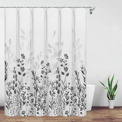 IGINOA Duschvorhang Antischimmel 180x180 Badevorhang Weiß Shower Curtains Wasserdicht Grau Blumen mit ösen Motiv Schimmelresistent Badewanne Vorhang Pflanzen Waschbar Muster Duschvorhänge