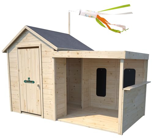 SOULET - Casita de Madera Infantil Sarah 180x120x145 cm - Casita de Jardín para Niños con Porche Cubierto - Madera Natural Personalizable - Fácil Montaje