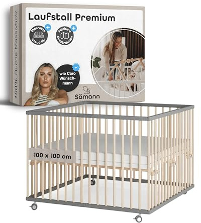 Sämann Laufstall faltbar Baby 100x100 cm mit Cloud Air Matratze | stufenlos höhenverstellbar | Laufgitter Premium | Babybett aus Holz | Krabbelgitter grau/natur