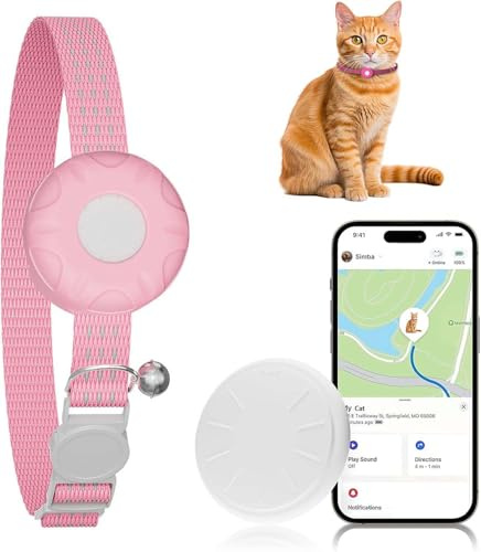 ZFSJTAG Cat GPS Tracker, Smart Cat Tracker Compatible with Apple Find My App (Only iOS), No Monthly Fee, Waterproof, Breakaway Collar Included (White Tracker, Pink Cat Collar)