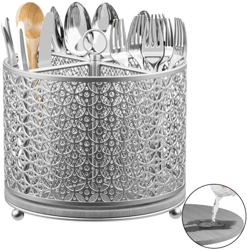 Drehbarer Utensilienhalter für die Küche – Besteck-Caddy schnell trocknend Besteck-Organizer mit 4 Fächern, großer Besteckhalter mit Griff für Küche, Arbeitsplatte, Party, Picknick, Tisch, Silber