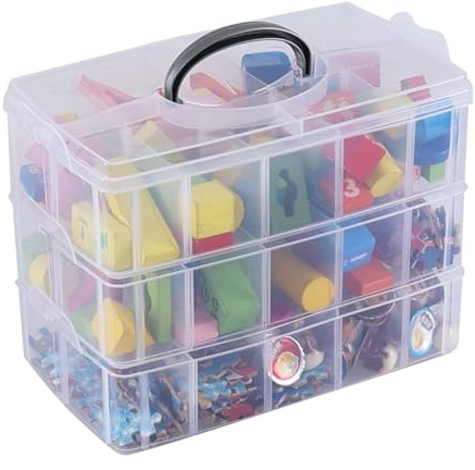 Asking 3-Tier Craft Storage Box with 30 Compartments, Stackable Craft Storage Organiser, Clear Plastic Organiser Box with Handle