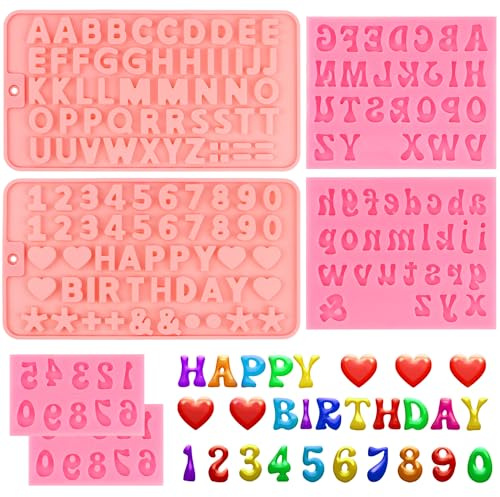 6PCS Chocolate Molds, Letters Numbers Silicone Chocolate Molds Reusable Alphabet Candy Molds with Happy Birthday Heart Shaped for Baking Desserts and Strawberries, Candy, Cake Decoration