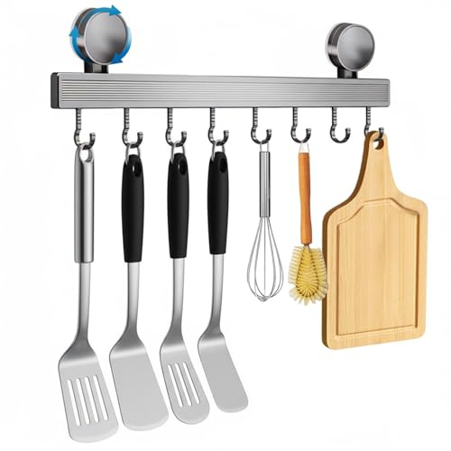 Dwitkul Barre de Cuisine Ustensile Sans Perçage Avec Ventouse | 40 cm de Long, 10 kg Capacité, 8 Crochets mobiles | Support Ustensiles Cuisine pour Ustensiles de cuisines, Salle de bain