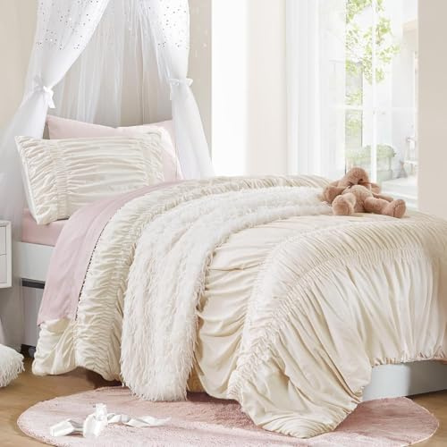 Sedefen Seersucker Bettwäsche 135x200 Beige Mädchen Geraffter Shabby Chic | Oeko-TEX zertifizierte,Aesthetic für Allergiker,Französisches Landhausstil Bettbezug 1 Kissenbezüge 80x80 mit Reißverschluss