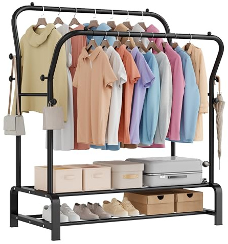 OPPAIYA Heavy Duty Clothes Rail with Double Hanging Rods & 8 Hooks, Clothing Rack with Wide Bottom Base, Portable Free Standing Clothes Rack for Bedroom, Closet, Laundry - 110cm x 51cm x 145cm Black