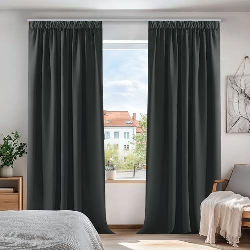 Deconovo Vorhang Blickdicht mit Kräuselband Verdunklungsvorhänge Dunkelgrau | 2er Set, H 280 x B 140 cm, Wärmeisolierende Vorhänge, für Wohnzimmer, Schlafzimmer Gardinen, für Thermal Curtain, Sichtschutz