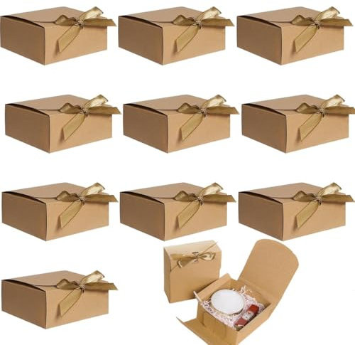 THQAE 10 Stück Geschenkbox mit Deckel, 16,5 x 16,5 x 5 cm Braune Geschenkkarton, Geschenkboxen mit Bändern für Feiertage Weihnachten Hochzeiten Geburtstage Geschenkverpackung
