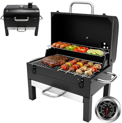 Barbecue Charbon de Table avec couvercle pour le fumetage Thermomètre surface de cuisson 32x48 cm pour jardin balcon camping
