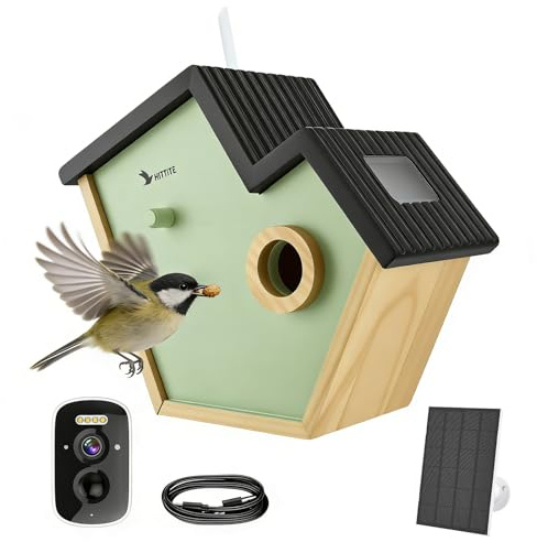 Smart Bird House with AI Identify Camera, 2K HD Birdhouse Nesting Box with HD Camera Solar Powered, Night Vision, Live Watch Nesting and Hatching 2.4G WiFi Smart Bird Wooden Nest Box for Outside