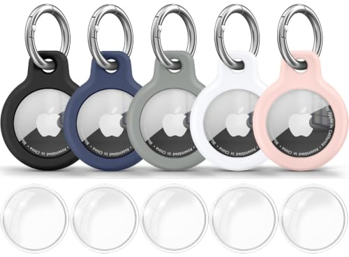 YLK 5 st fodral för Apple AirTag nyckelring, IP68 vattentätt silikonskyddsfodral, flera scenario-användning, AirTags bärbara hänge fodral (svart/vit/mörkblå/rosa/grå)