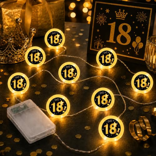 18. Geburtstag Deko,2M 20 LED Geburtstag Lichterkette Batteriebetrieben | Schwarz Gold LED-Lichterketten in Warm,18. Geburtstagsgeschenk für Frauen und Männer,für Party Schlafzimmer Beleuchtung Deko