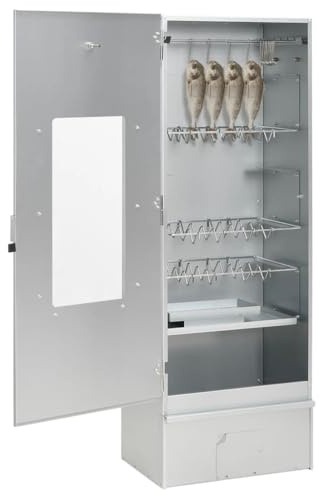 Rökugn av galvaniserat stål med kallröksgenerator, 44,5 x 29 x 110 cm, inkl. 12 S-krokar, 3 rost, träflis, termometer och glasfönster, perfekt för utomhus BBQ, kött, fisk och grönsaker